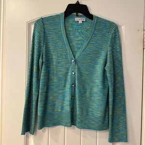 St. John Sport Striped Knit Cardigan – Teal & Lime